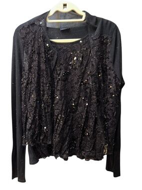 Magaschoni black cashmere silk all beaded embellished lacy twinset sweater L